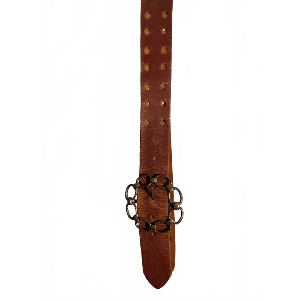 Vintage Brown Leather Belt with Unique Chain-Link Buckle